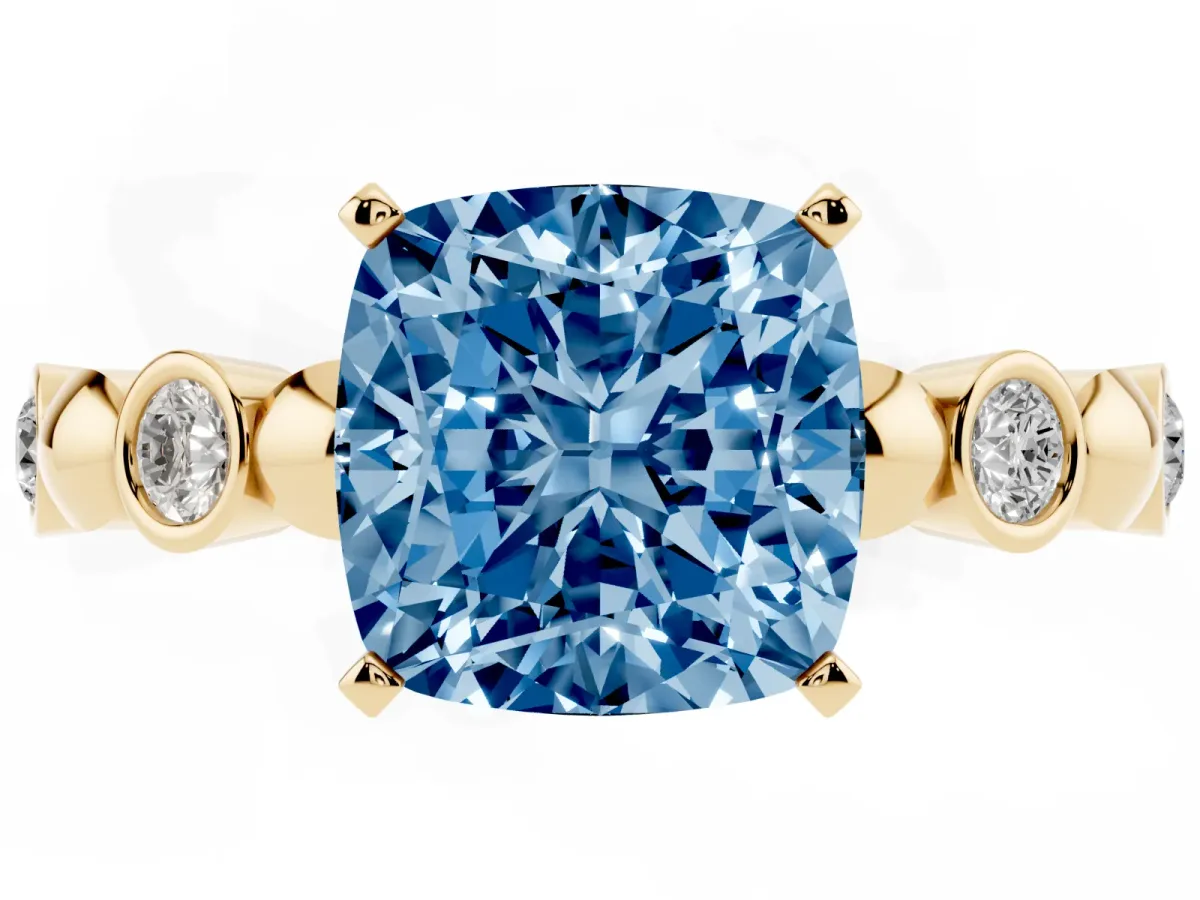Fancy Blue Cushion Cut Solitaire Bezel-Set Diamond Ring with Beaded Band and Four-Prong Setting Yellow gold