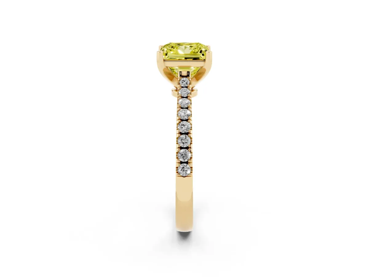 Fancy Yellow Princess Cut Cut Solitaire Diamond Engagement Ring with Pave Band and Four-Prong Setting Yellow gold