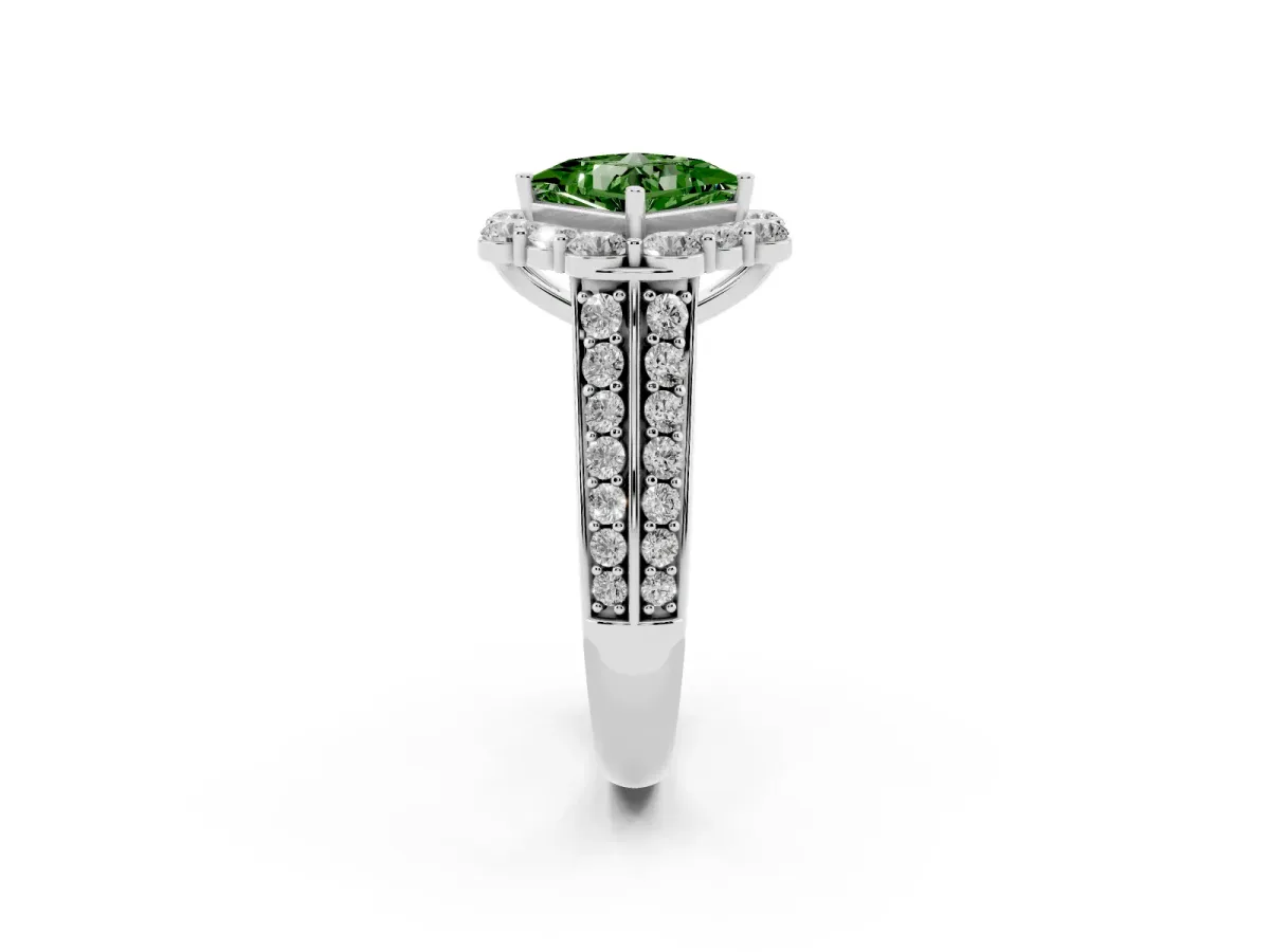 Fancy Green Princess Cut Halo Diamond Engagement Ring with Split Shank and Prong Setting Silver