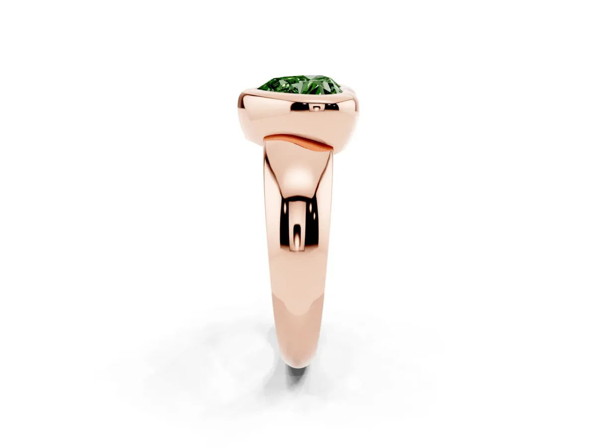 Fancy Green Bezel Set Heart Cut Solitaire Ring with Wide Band Rose gold