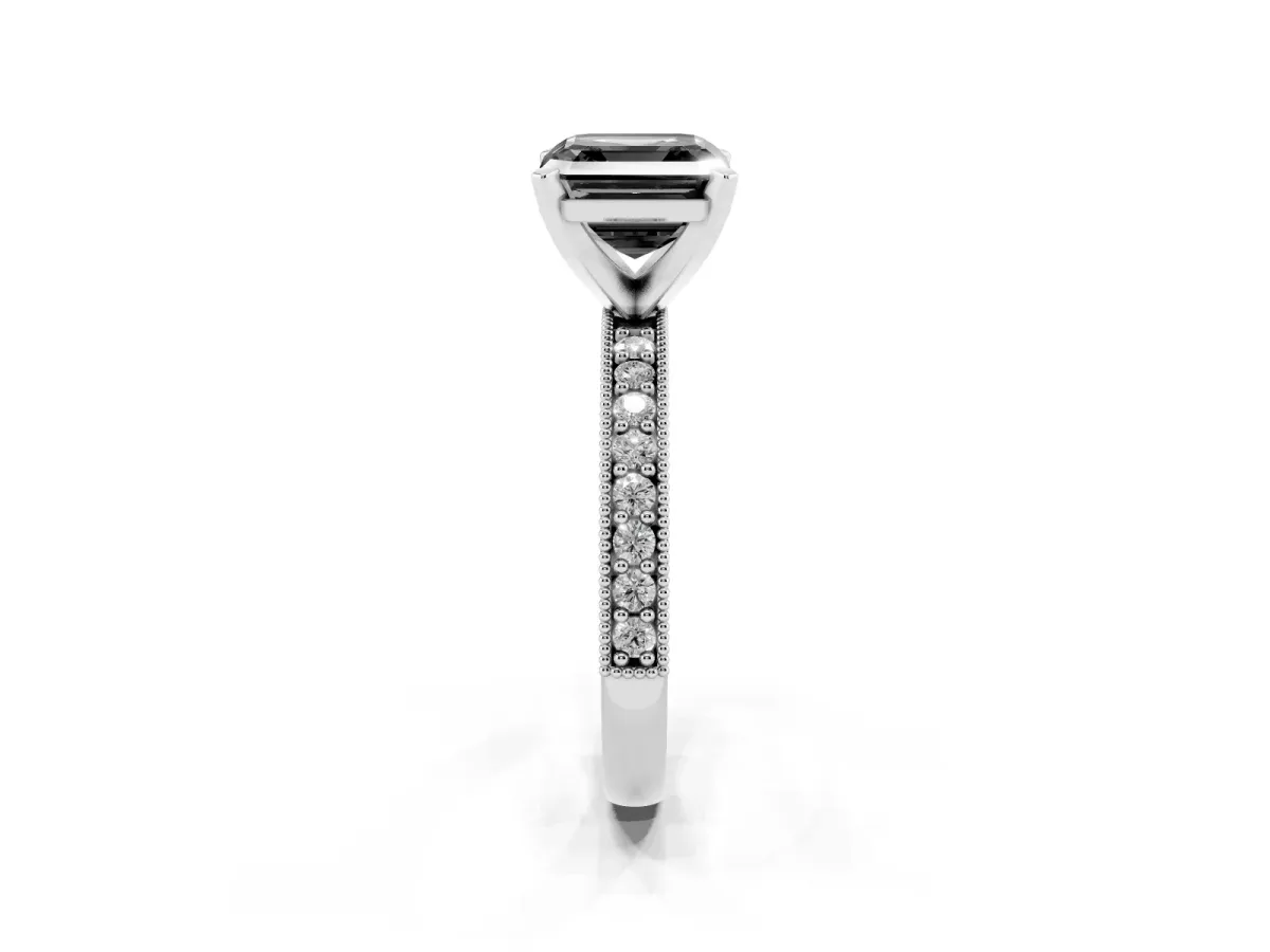 Fancy Black Asscher Cut Diamond Milgrain Pavé Engagement Ring with Four-Prong Setting Silver