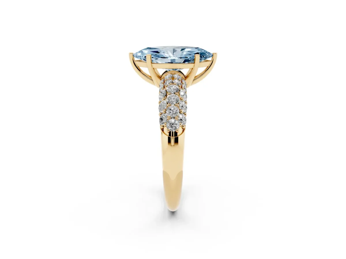 Fancy Blue Marquise Cut Diamond Pavé Band Solitaire Ring with Four-Prong Setting Yellow gold