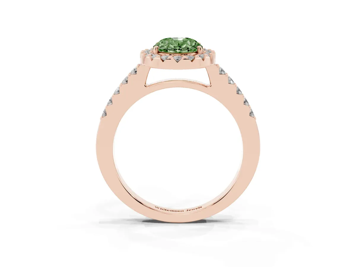 Fancy Green Oval Cut Halo Diamond Pavé Solitaire Ring Rose gold