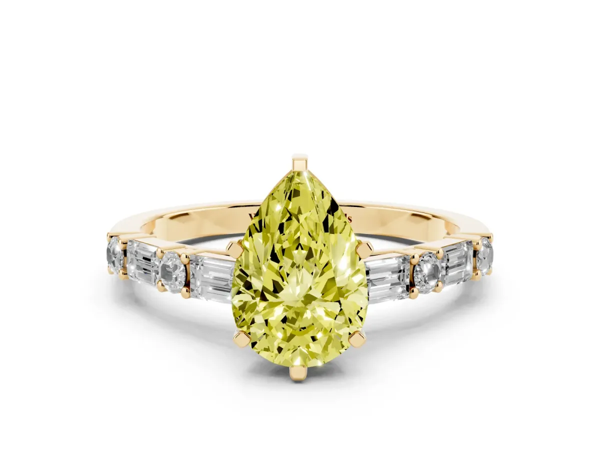 Fancy Yellow Pear Cut Diamond Solitaire with Side Baguettes and Channel Set Band Yellow gold