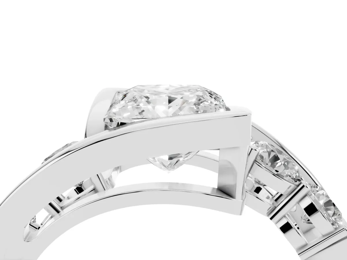 Bezel Set Princess Cut Diamond Bypass Ring with Round Accents Platinum