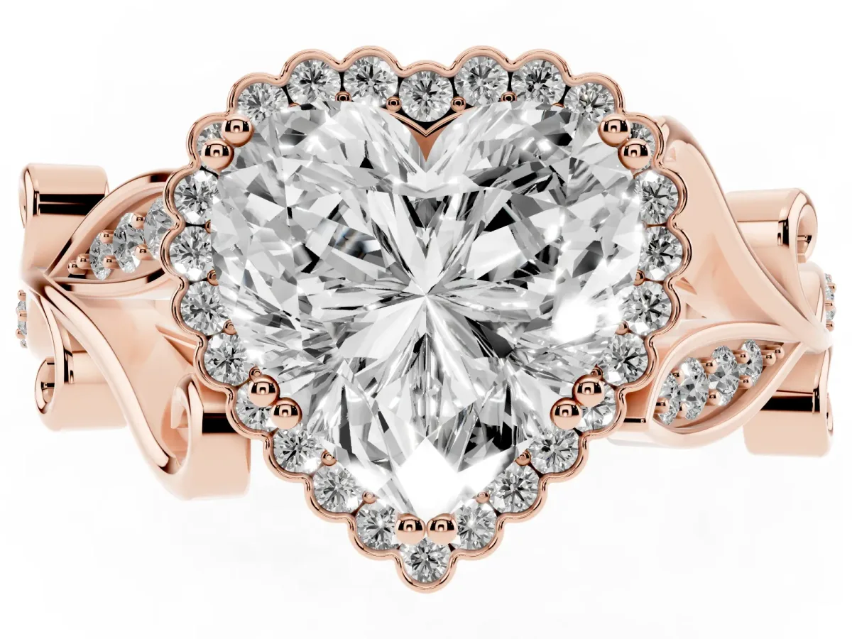 Heart Cut Diamond Halo Ring with Vintage Split Shank and Four-Prong Setting Rose gold