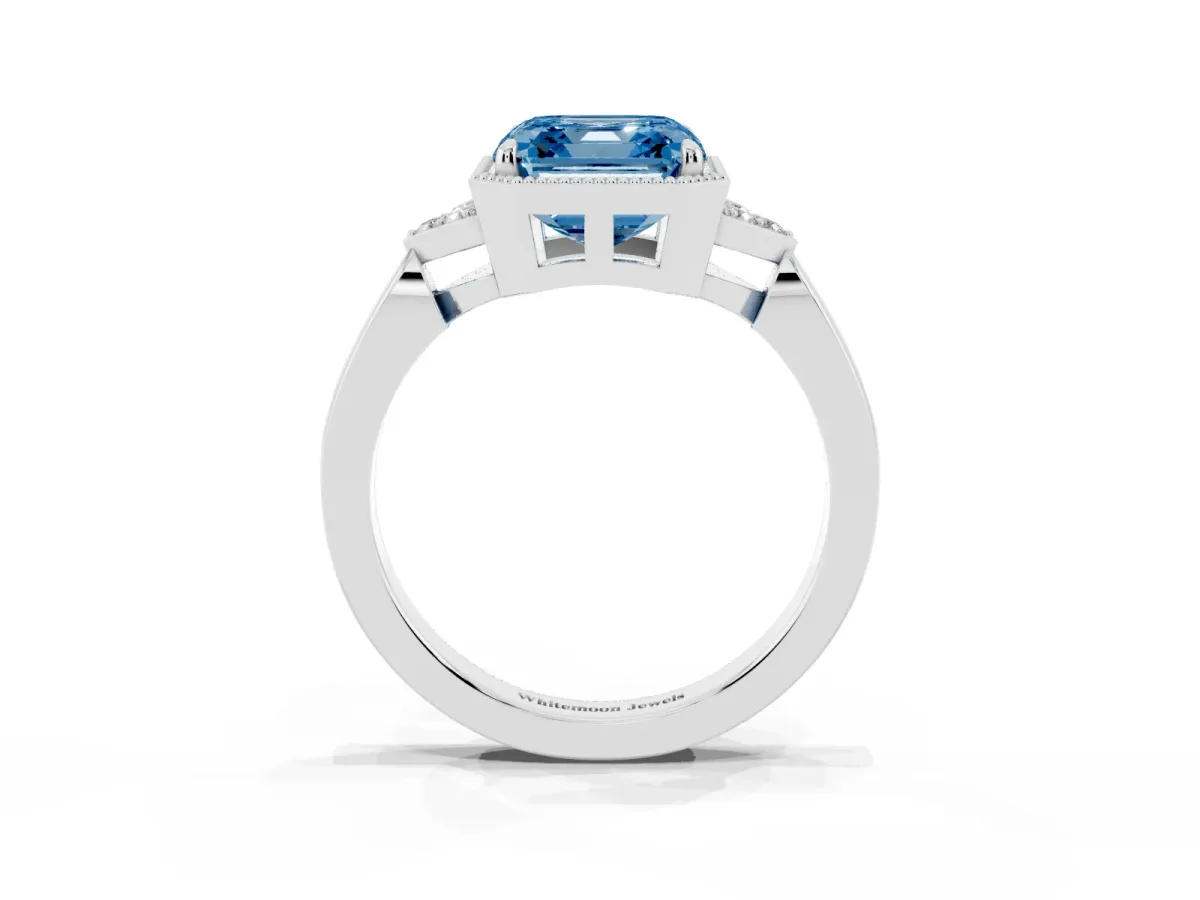 Fancy Blue Asscher Cut Diamond Halo Ring with Tapered Band and Four-Prong Setting White gold