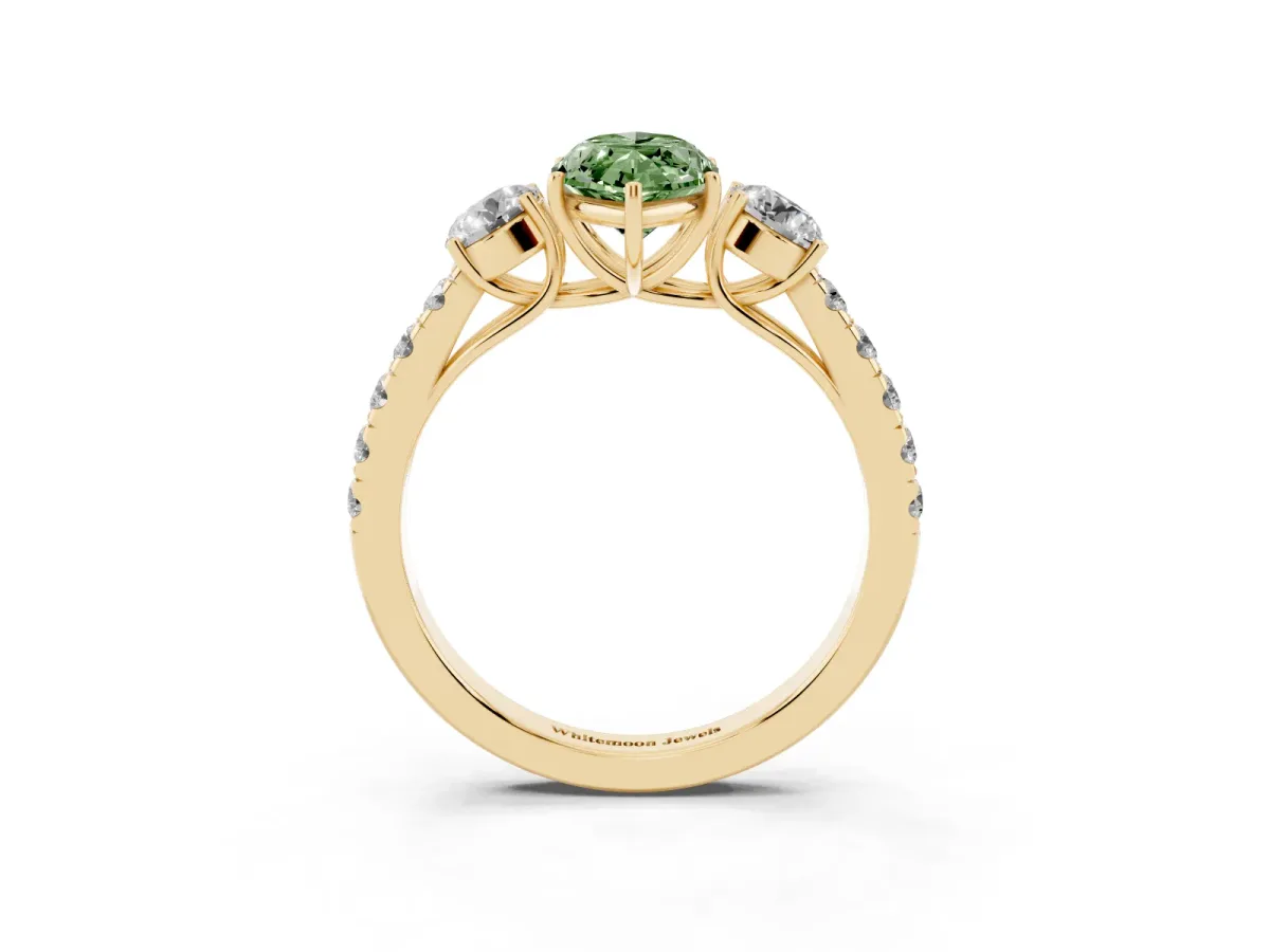 Fancy Green Marquise Cut Cut Diamond Three-Stone Ring with Round Side Stones and Pavé Band Yellow gold