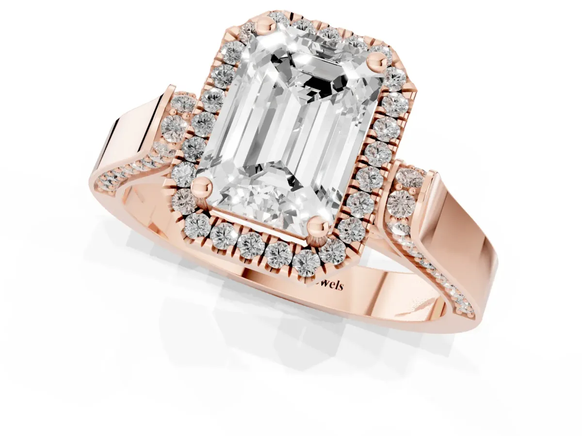 Emerald Cut Halo Round Diamond Twist Band with Four-Prong Setting Rose gold