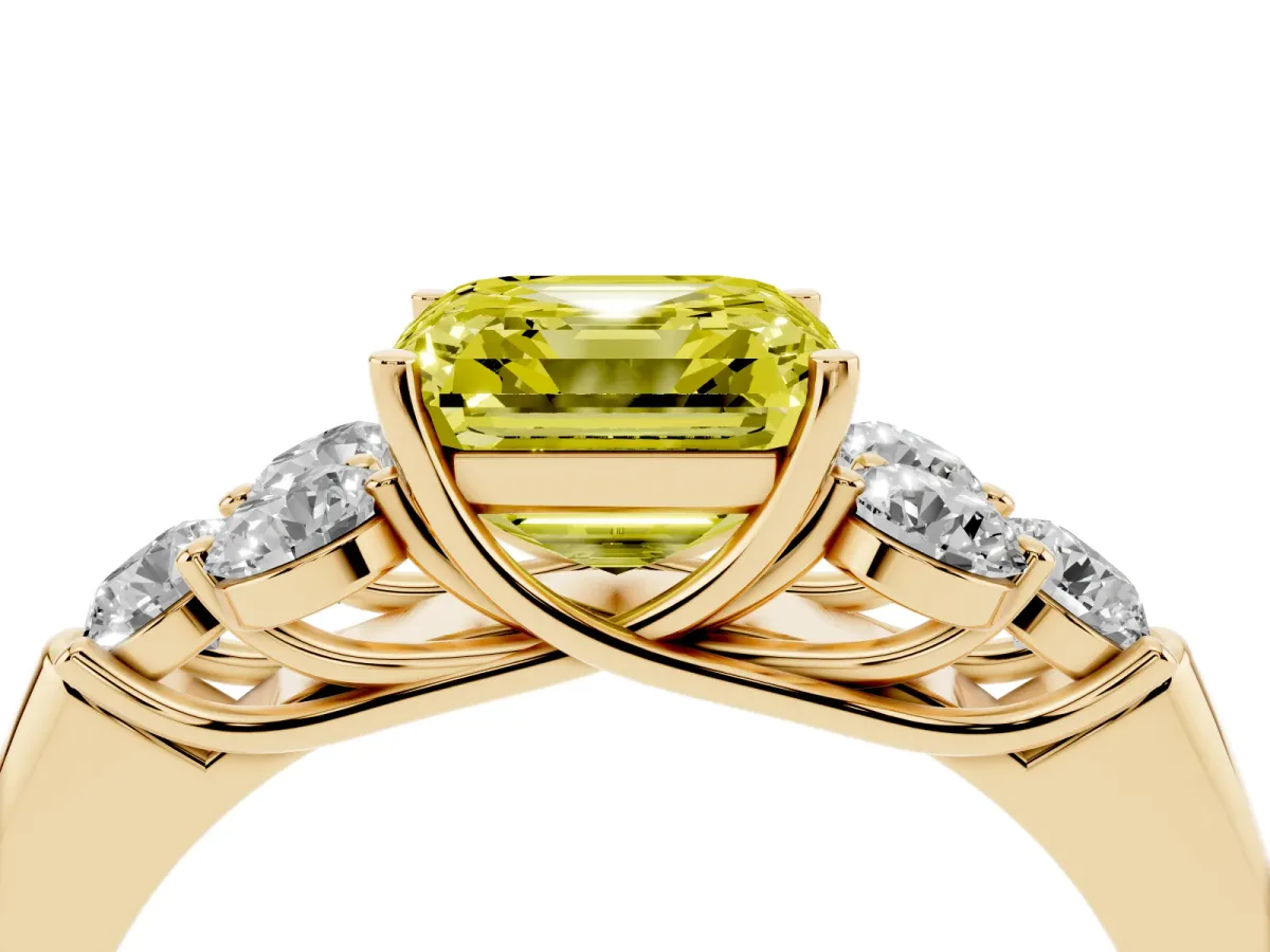 Fancy Yellow Asscher Cut Cut Diamond Cluster Ring with Round Accent Stones and Prong Setting on a Classic Band Yellow gold