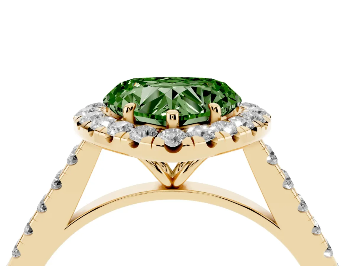 Fancy Green Heart Cut Halo Pave Diamond Engagement Ring with Four-Prong Setting Yellow gold