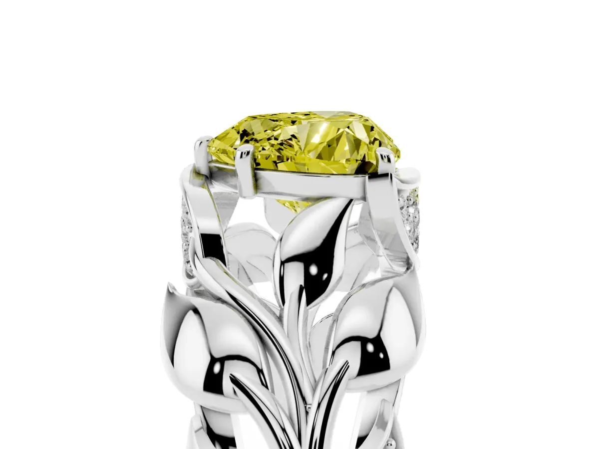 Fancy Yellow Heart Cut Diamond Leaf-Inspired Engagement Ring with Round Accents and Prong Setting Silver