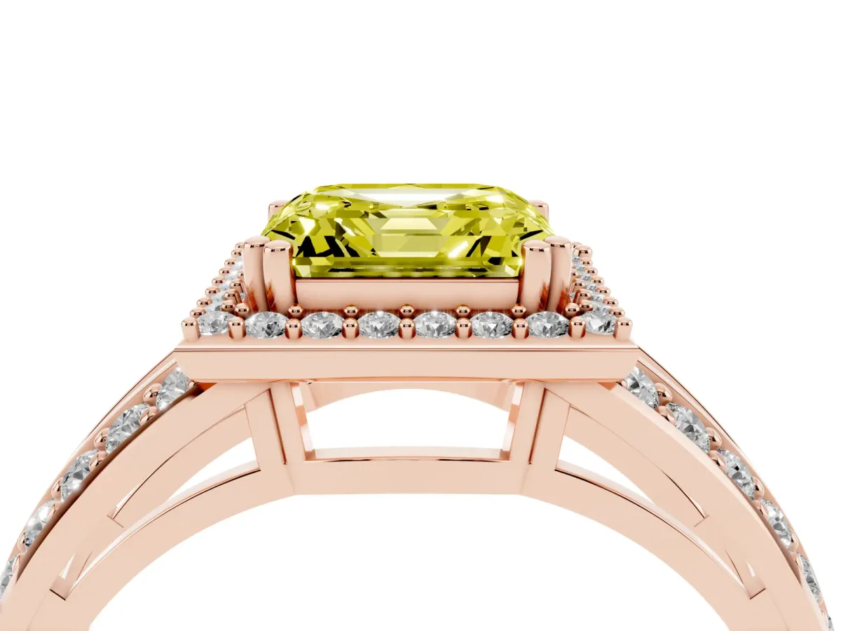 Fancy Yellow Asscher Cut Diamond Halo Ring with Split Shank Pavé Band and Four-Prong Setting Rose gold