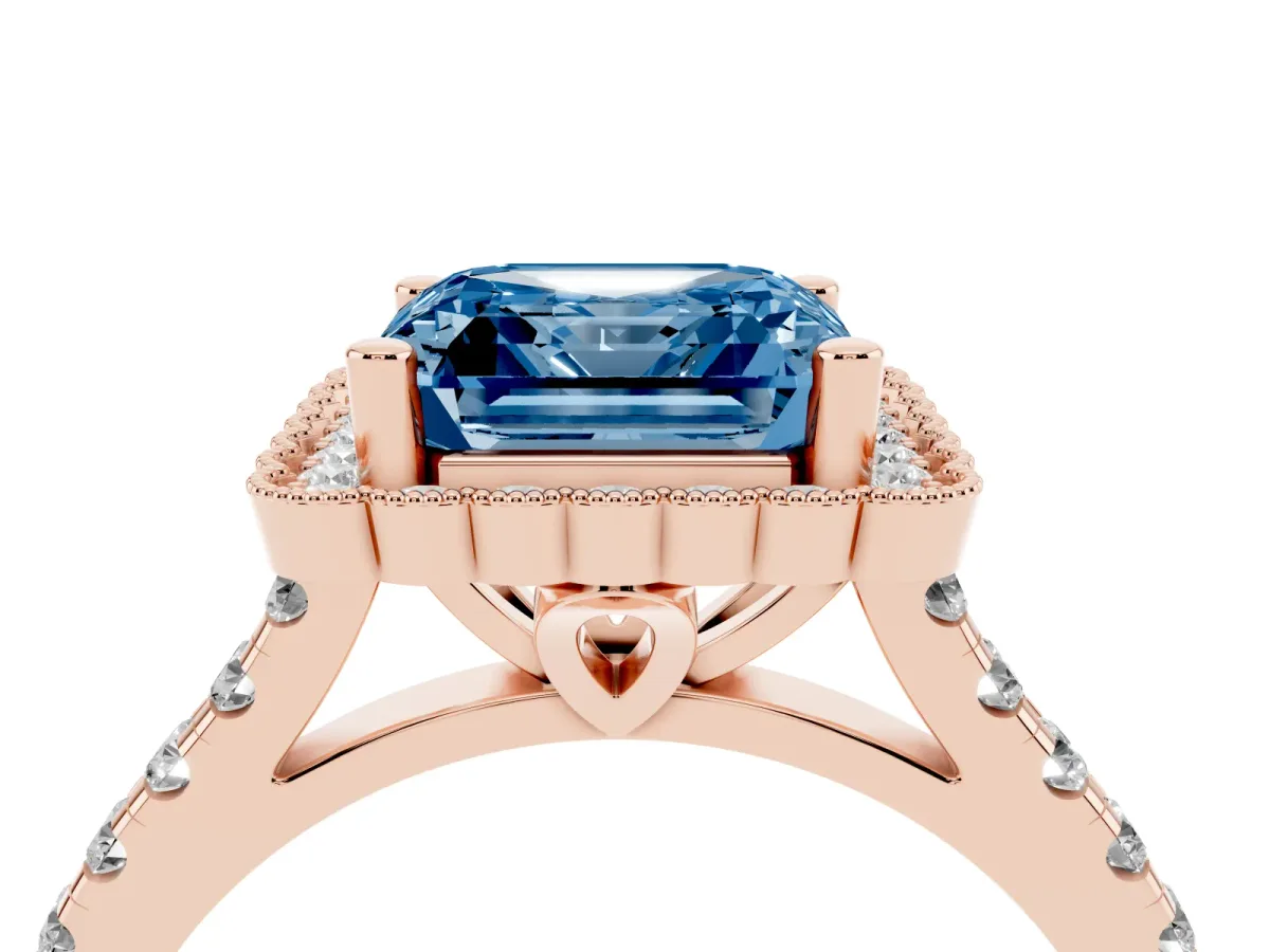 Fancy Blue Asscher Cut Cut Diamond Milgrain Floral Halo Engagement Ring with Pavé Band Rose gold