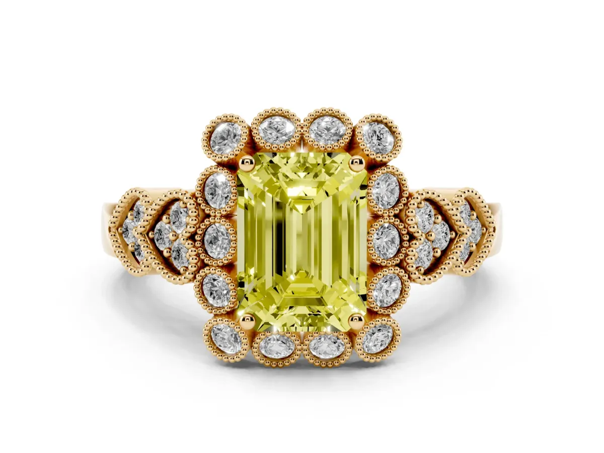 Fancy Yellow Emerald Cut Brilliant Milgrain Pave Heart Band Solitaire Ring Yellow gold