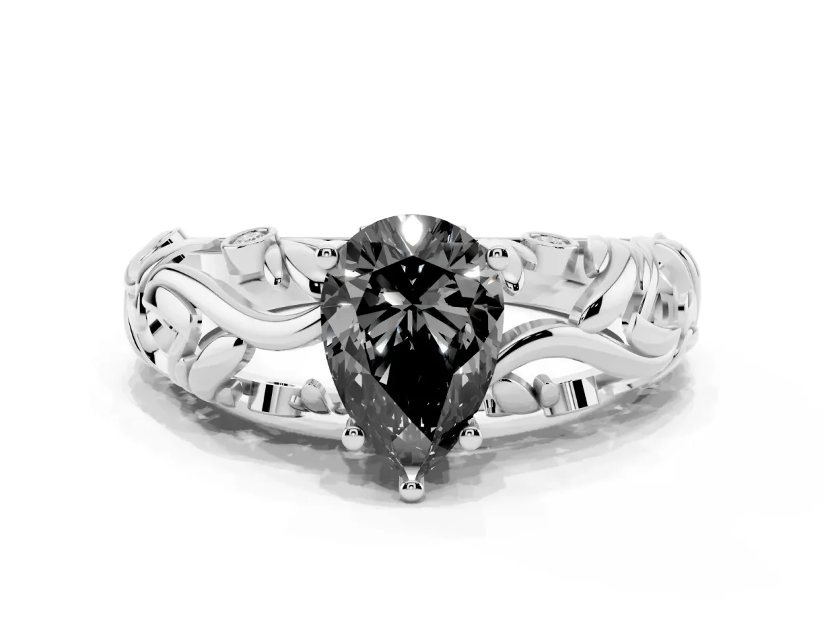 Fancy Black Pear Cut Solitaire Diamond Leaf-Inspired Vine Band Ring with Prong Setting White gold