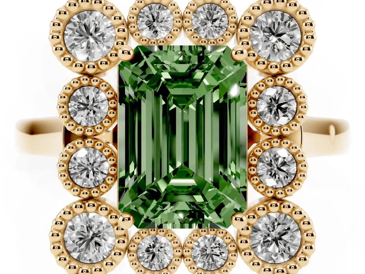 Fancy Green Emerald Cut Halo Diamond Cluster Engagement Ring with Milgrain Bezel Setting and Solitaire Band Yellow gold