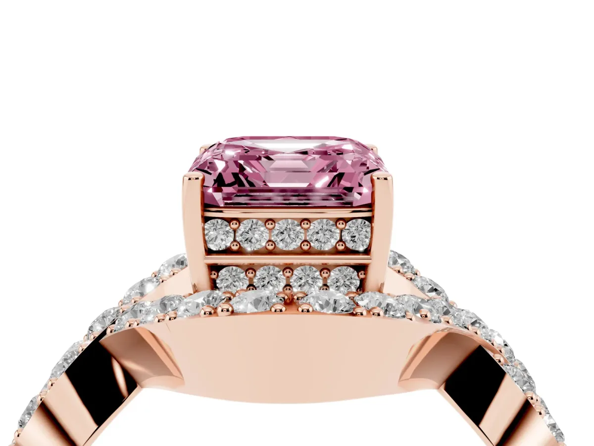 Fancy Pink Asscher Cut Solitaire Twist Band Pavé Diamond Engagement Ring Rose gold