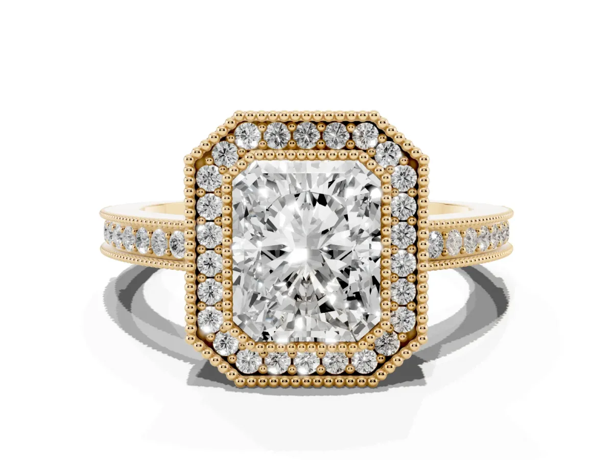 Radiant Cut Cut Halo Diamond Ring with Pavé Band and Milgrain Prong Setting Yellow gold