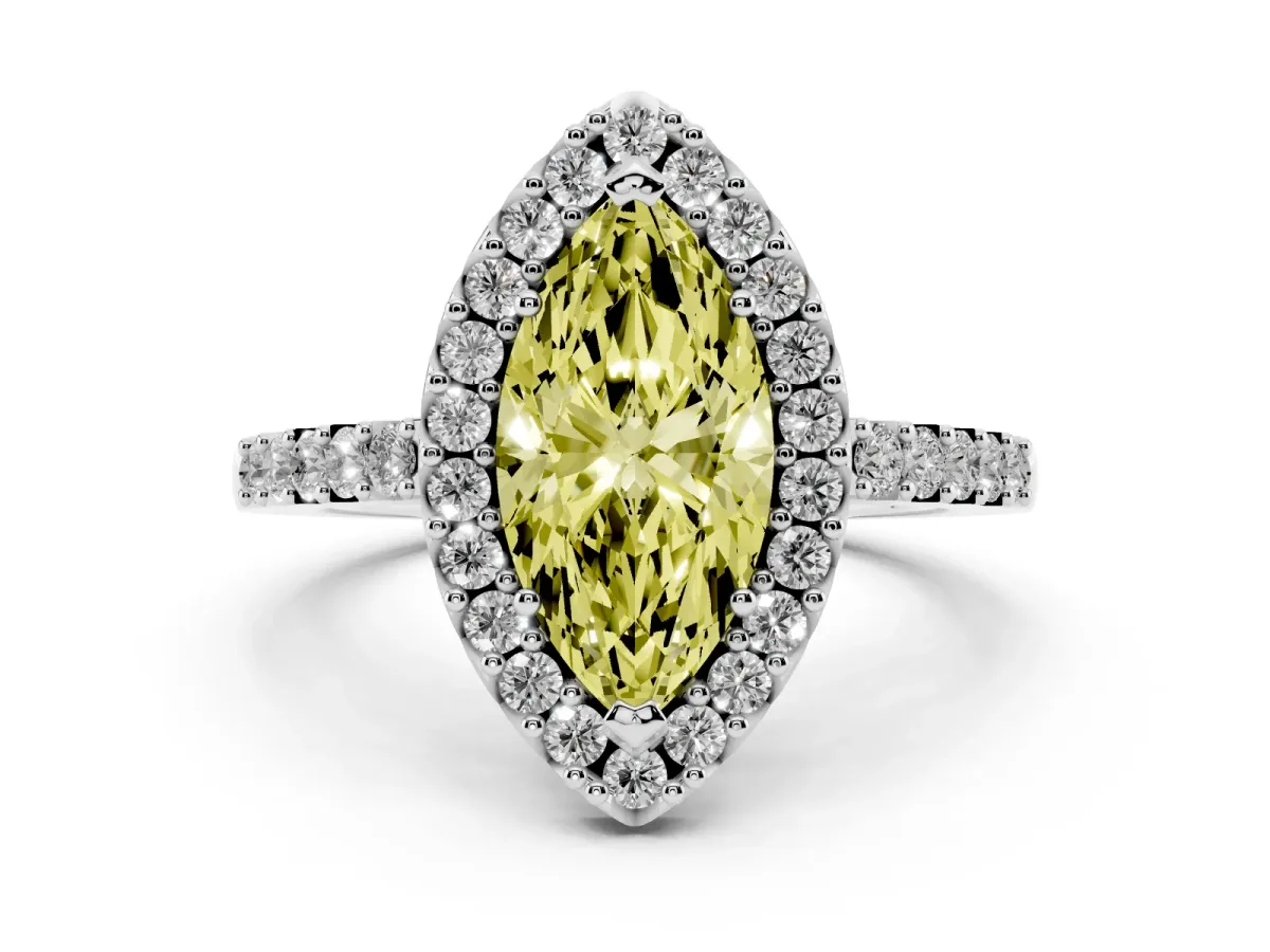 Fancy Yellow Marquise Cut Halo Diamond Pavé Solitaire Ring Silver