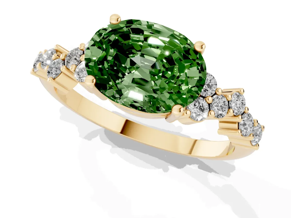 Fancy Green Oval Cut Diamond Scattered Round Accent Ring with Prong Setting Yellow gold