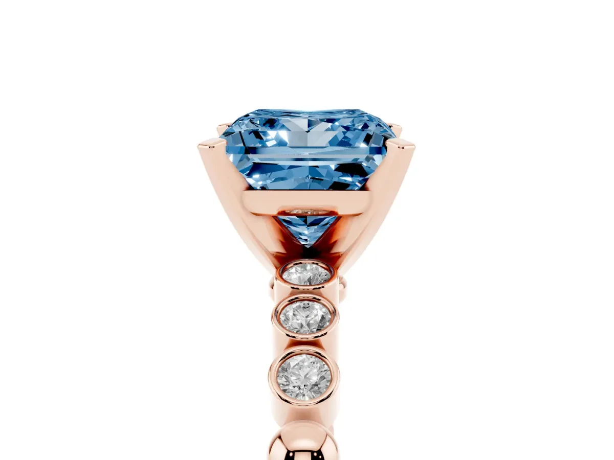 Fancy Blue Princess Cut Solitaire Bezel Accent Diamond Engagement Ring with Beaded Band and Four-Prong Setting Rose gold