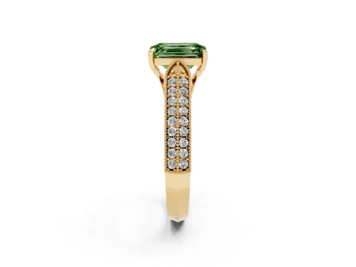 Fancy Green Emerald Cut Cut Pave Split Shank Engagement Ring with Four-Prong Setting Yellow gold
