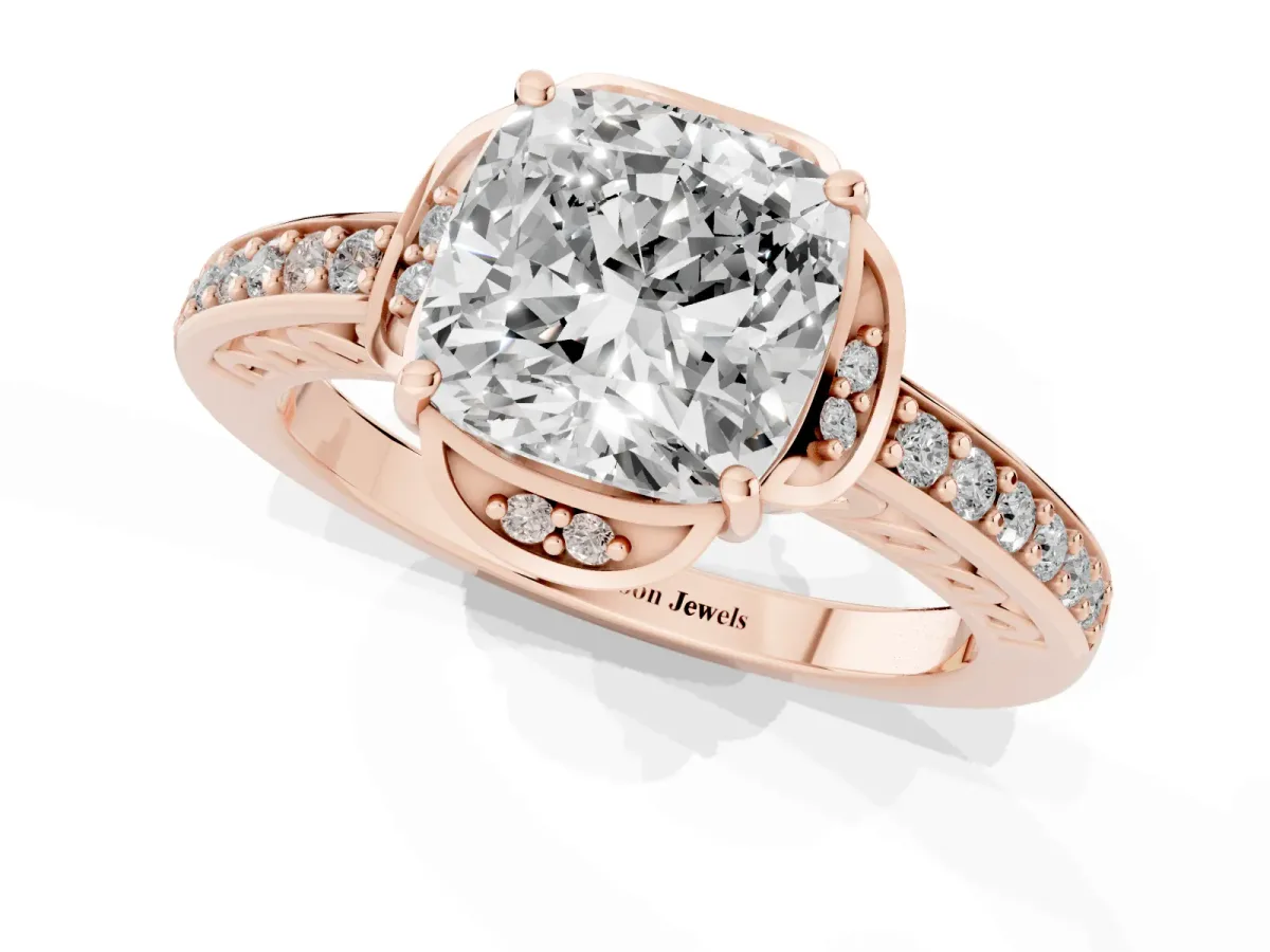 Cushion Cut Cut Halo Diamond Ring with Channel Set Band and Four-Prong Setting Rose gold