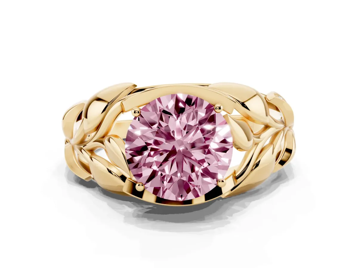 Fancy Pink Round Cut Diamond Leaf-Inspired Engagement Ring with Round Accents and Prong Setting Yellow gold