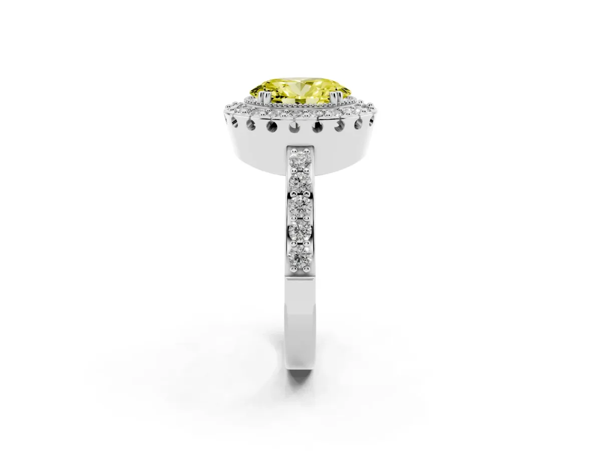 Fancy Yellow Oval Cut Diamond Halo Ring with Pavé Band and Prong Setting Silver