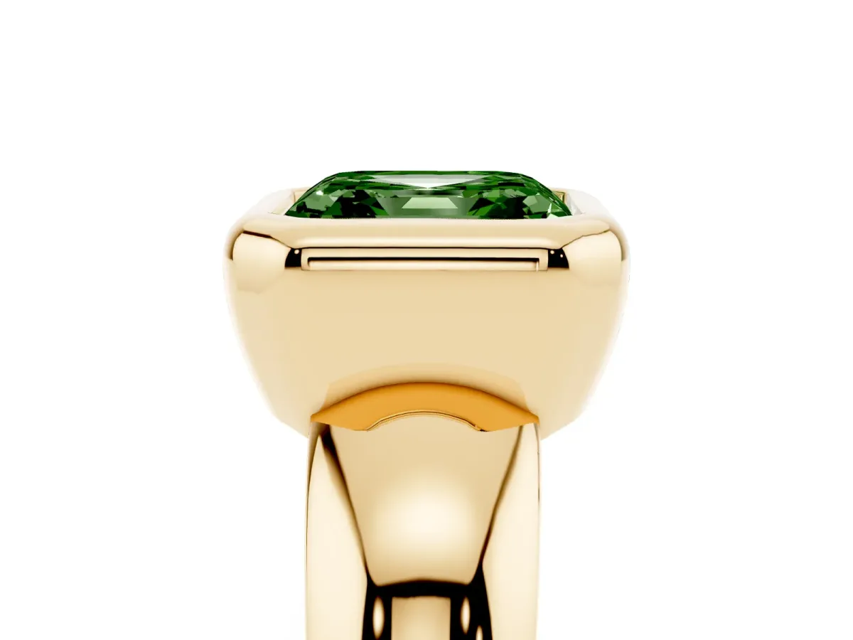 Fancy Green Bezel Set Asscher Cut Solitaire Ring with Wide Band Yellow gold