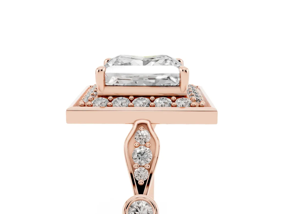 Princess Cut Halo Diamond Engagement Ring with Twisted Band and Four-Prong Setting Rose gold