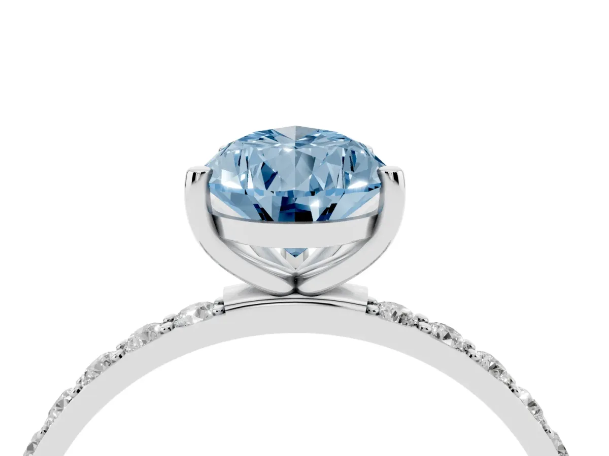 Fancy Blue Pear Cut Diamond Solitaire Ring with Round Pavé Shoulders and Prong Setting Silver