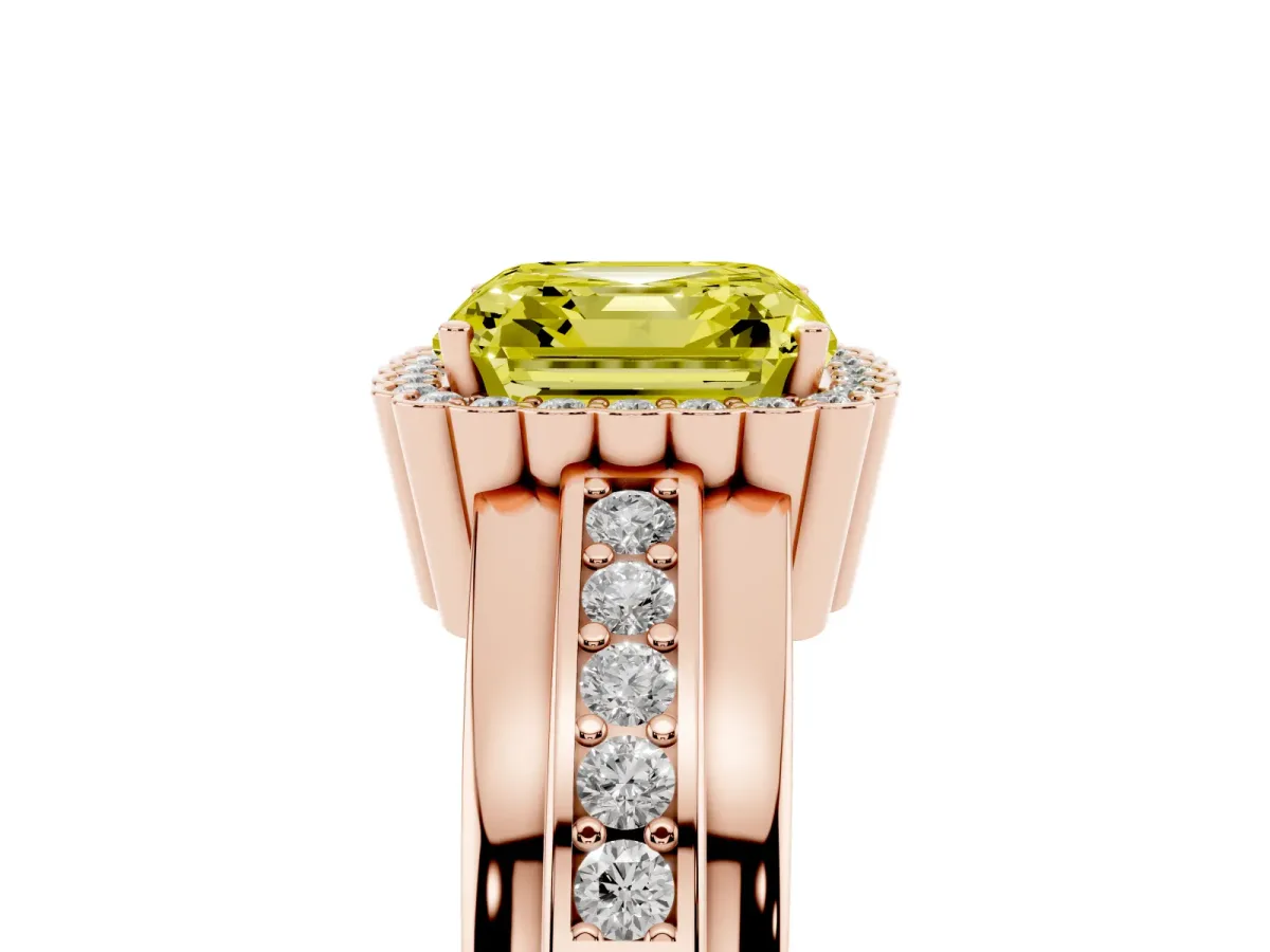 Fancy Yellow Asscher Cut Cut Halo Pave Band Four-Prong Ring Rose gold