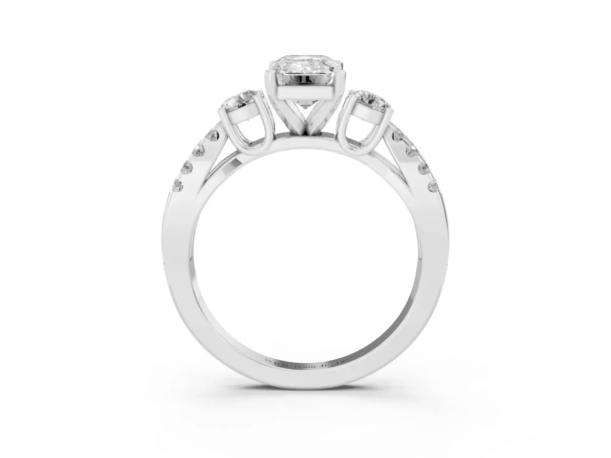 Emerald Cut Diamond Three-Stone Ring with Pavé Split Shank and Four-Prong Setting Silver