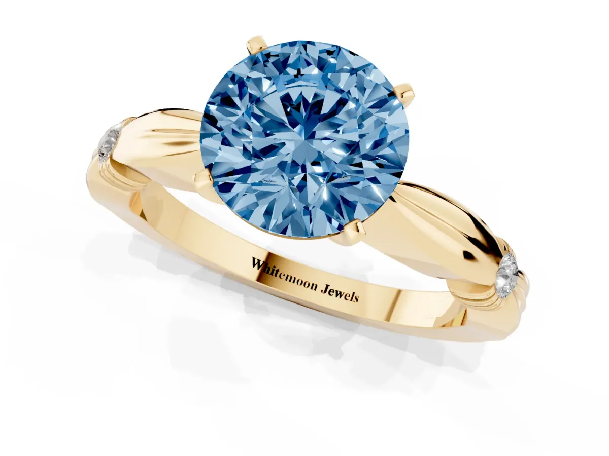 Fancy Blue Round Cut Solitaire Diamond Twisted Band with Four-Prong Setting Yellow gold