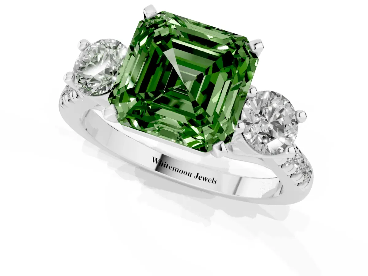 Fancy Green Three-Stone Asscher Cut Diamond Pavé Band with Four-Prong Setting Silver