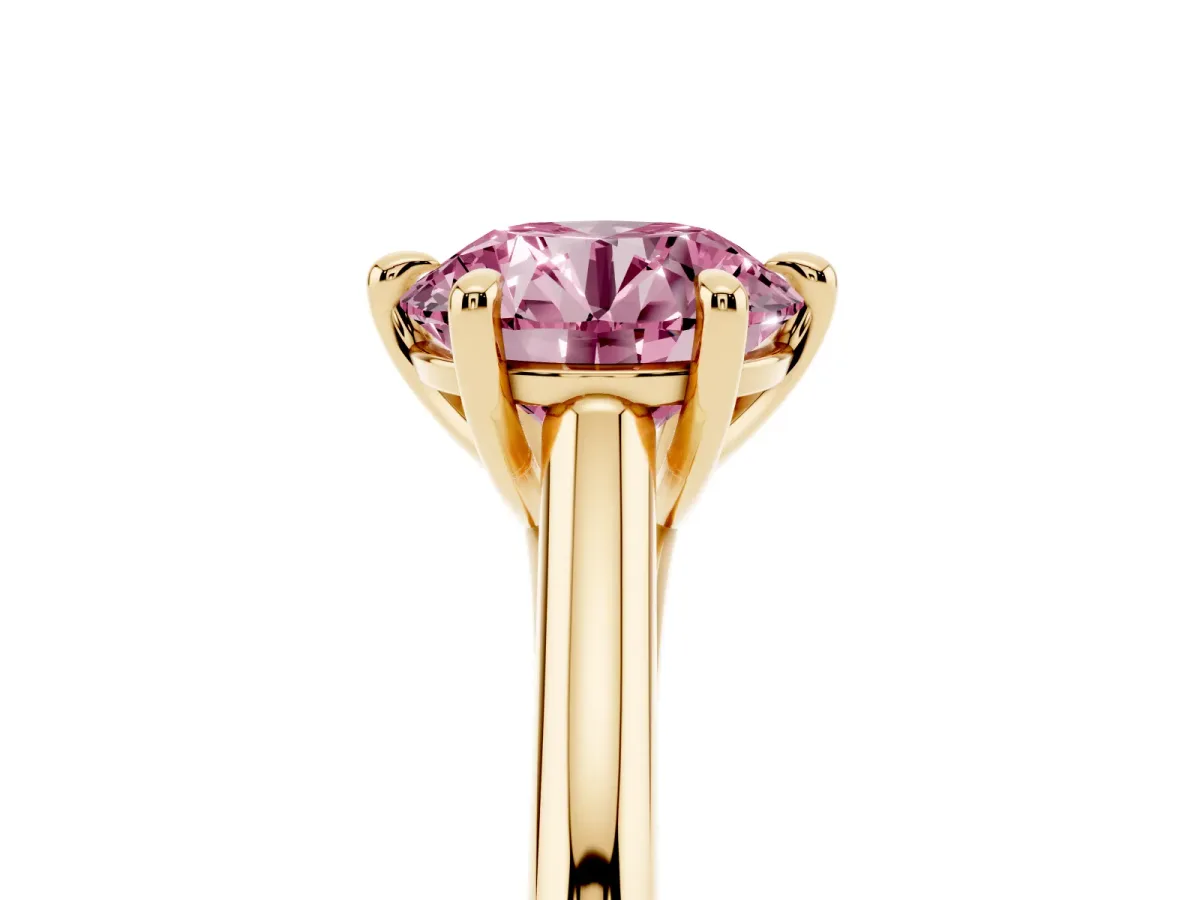 Fancy Pink Round Cut Solitaire Engagement Ring with Six-Prong Setting and Classic Band Yellow gold