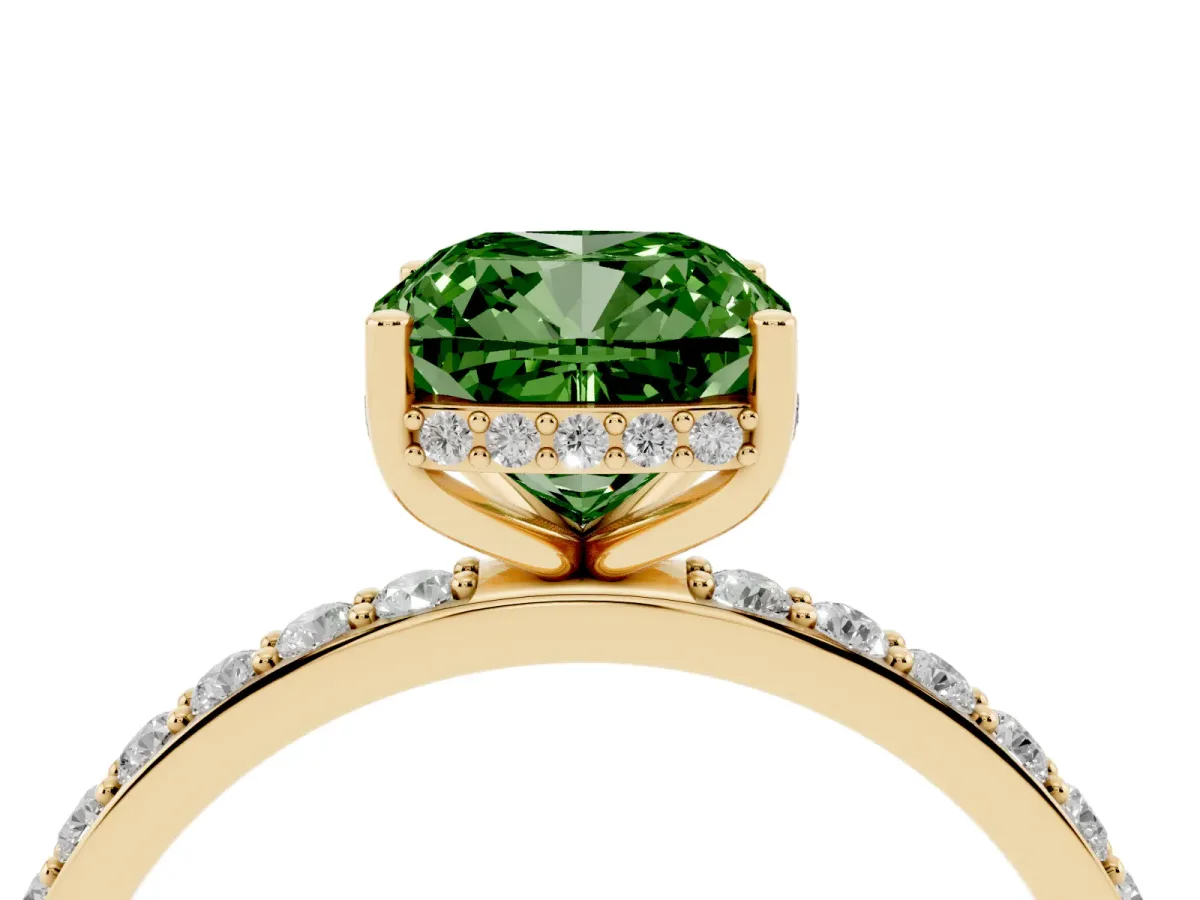 Fancy Green Cushion Cut Diamond Solitaire Ring with Pavé Band and Hidden Halo Yellow gold
