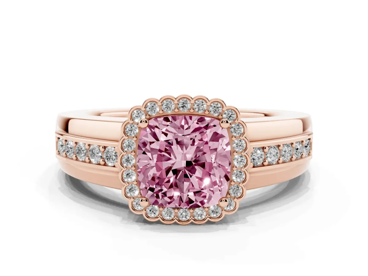 Fancy Pink Cushion Cut Cut Halo Pave Band Four-Prong Ring Rose gold