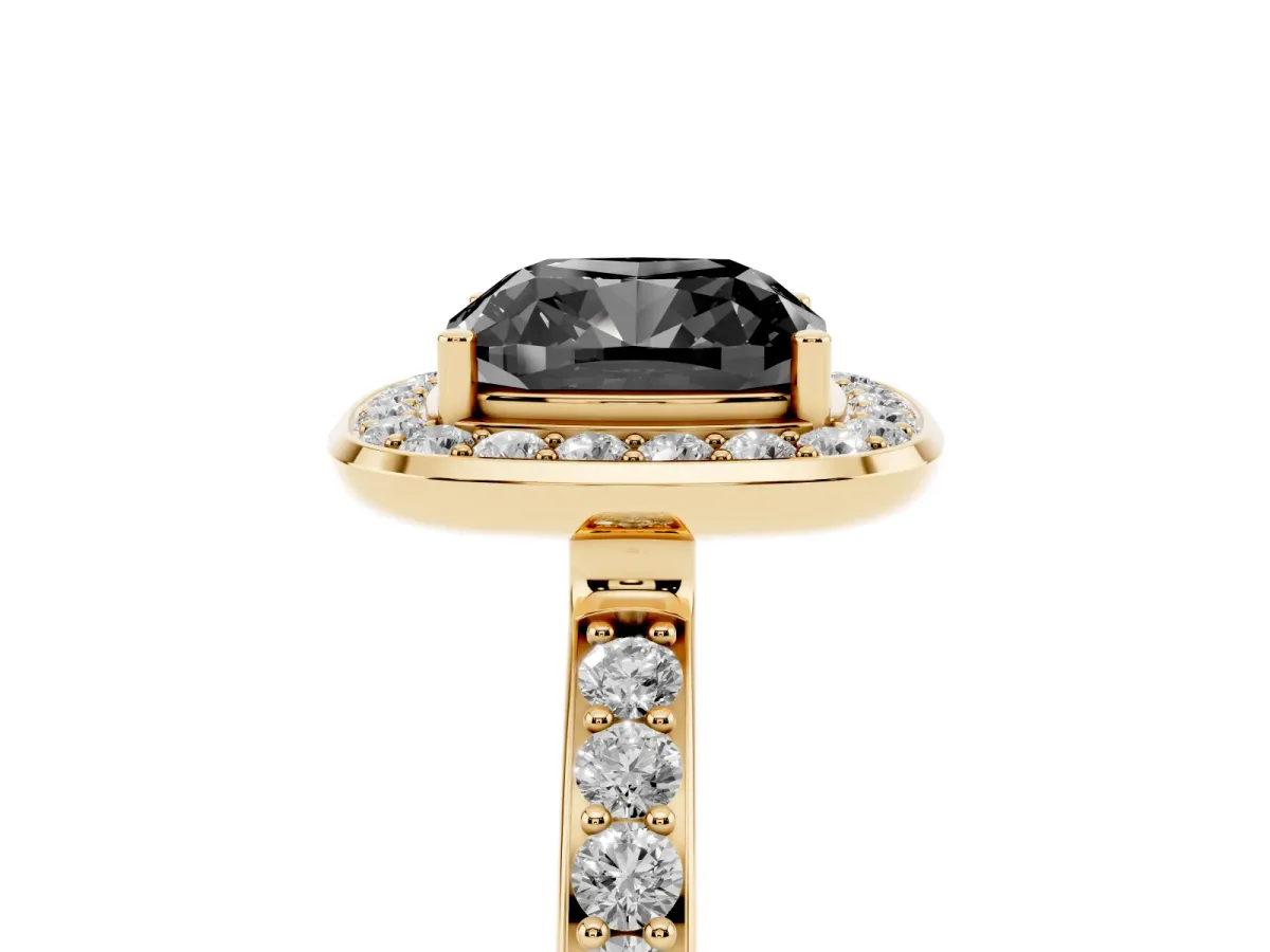 Fancy Black Cushion Cut Diamond Halo Ring with Bezel Frame and Pavé Band Yellow gold
