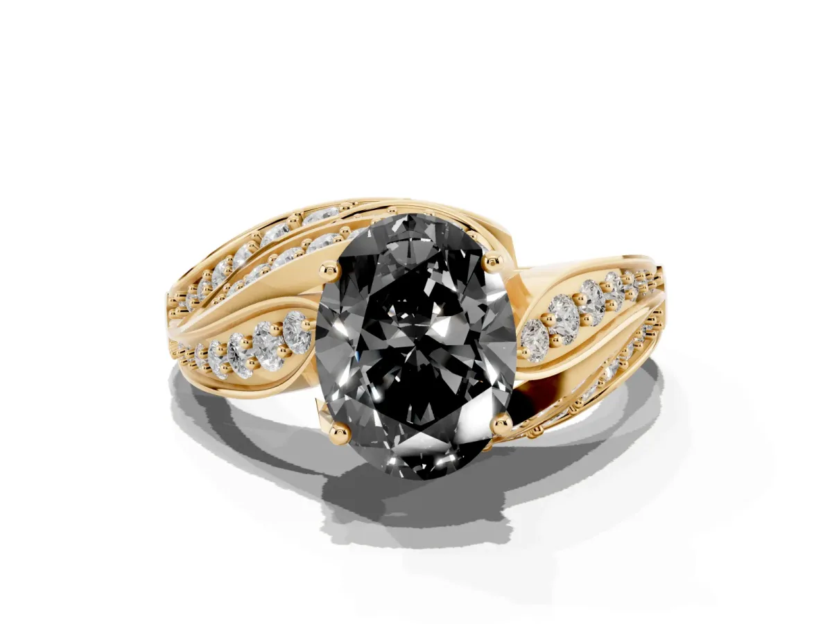 Fancy Black Oval Cut Diamond Solitaire Ring with Prong Setting and Twisted Pavé Band Yellow gold
