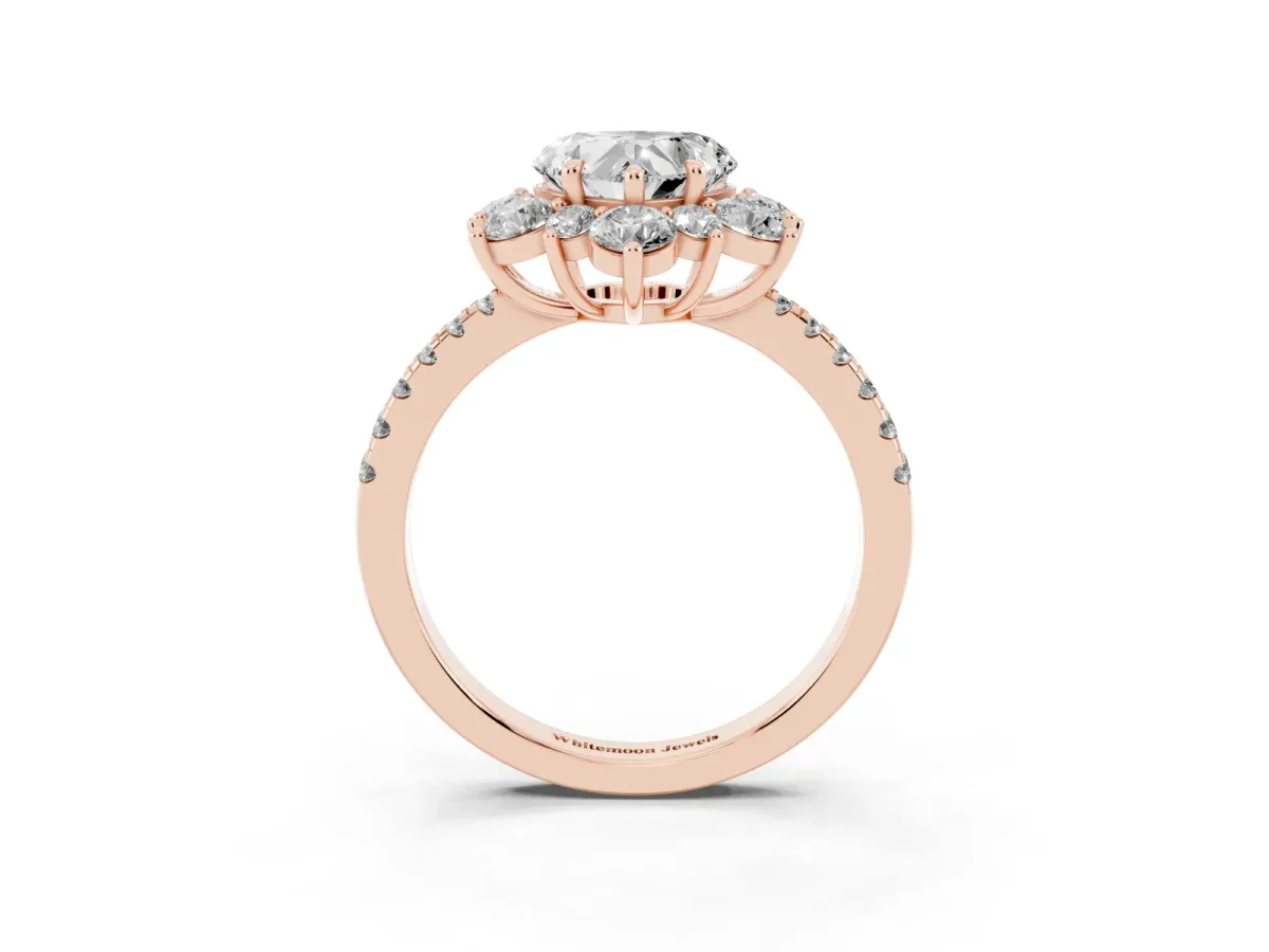 Heart Cut Diamond Floral Halo Ring with Round Pavé Band and Prong Setting Rose gold