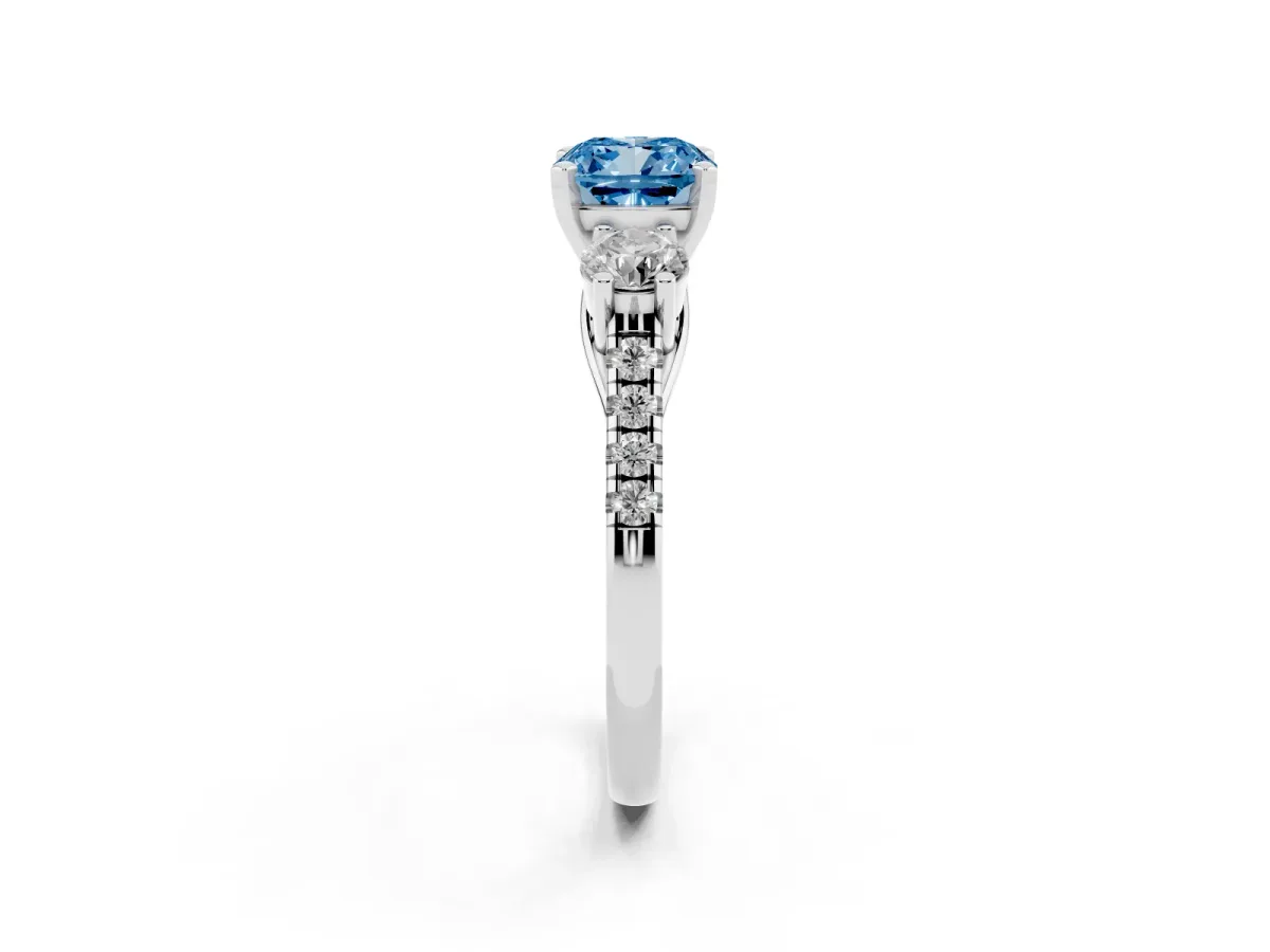 Fancy Blue Three-Stone Cushion Cut Diamond Pavé Band with Four-Prong Setting Silver