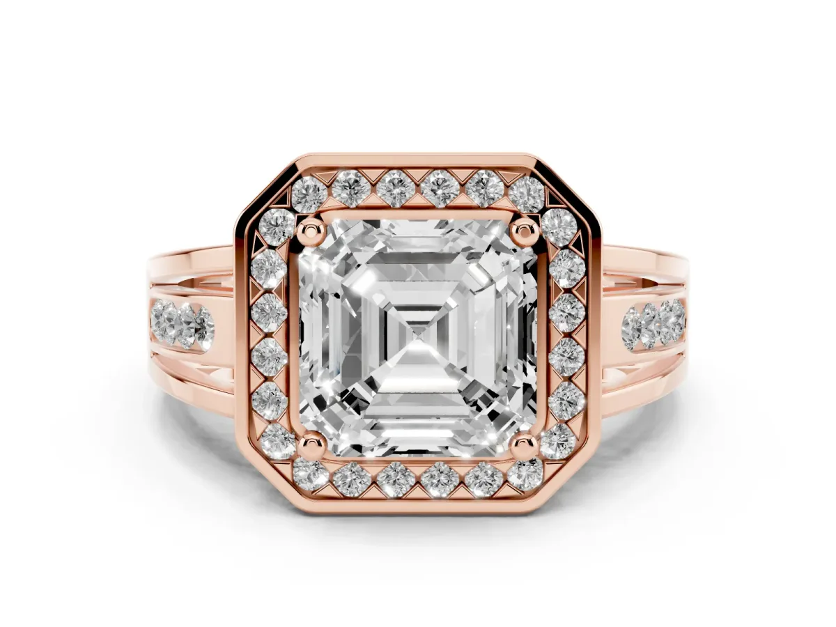Asscher Cut Diamond Halo Ring with Split Shank and Bezel Accents and Prong Setting Rose gold