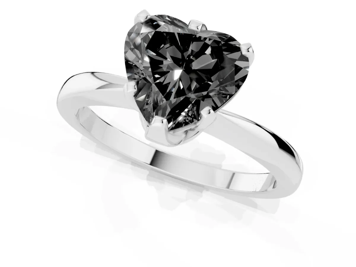 Fancy Black Heart Cut Solitaire Engagement Ring with Six-Prong Setting and Tapered Band Platinum