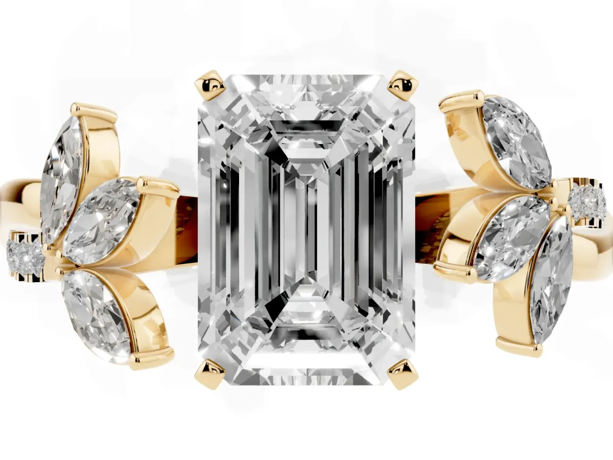 Emerald Cut Diamond Floral Vine Solitaire Engagement Ring Yellow gold