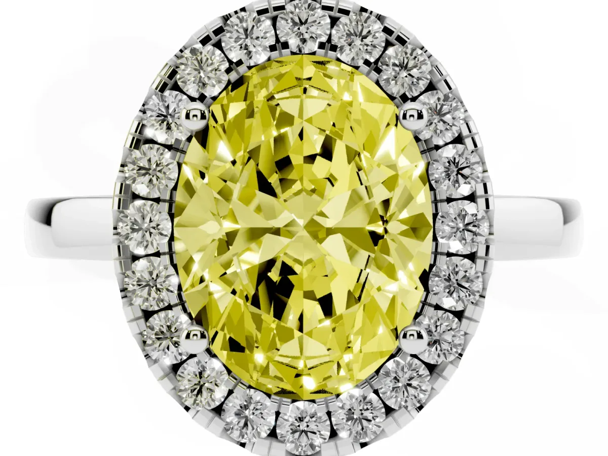Fancy Yellow Oval Cut Halo Diamond Solitaire with Pavé Band and Four-Prong Setting Platinum