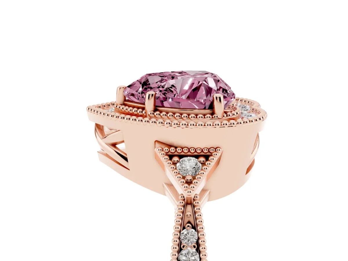 Fancy Pink Heart Cut Halo Round Diamond Milgrain Pave Engagement Ring Rose gold