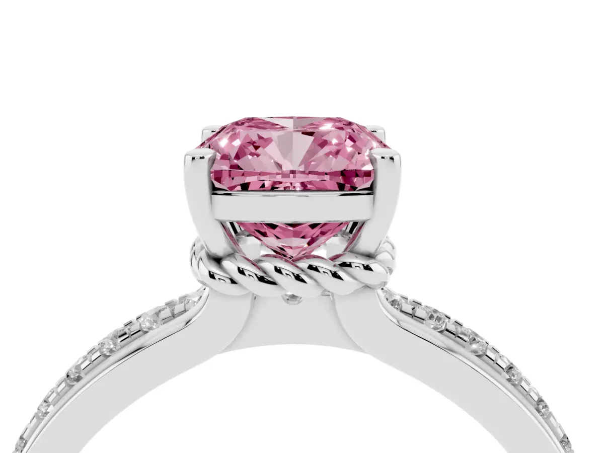 Fancy Pink Cushion Cut Solitaire Diamond Ring with Channel Set Band and Six-Prong Setting White gold